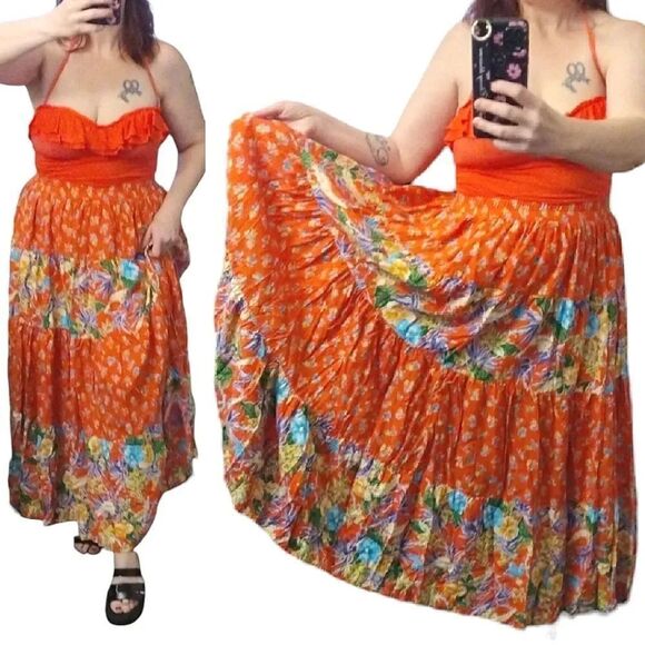 VTG 80s USA Orange Mixed Floral Rayon Tiered Maximilist Gypsy Maxi Skirt XL - Picture 1 of 16